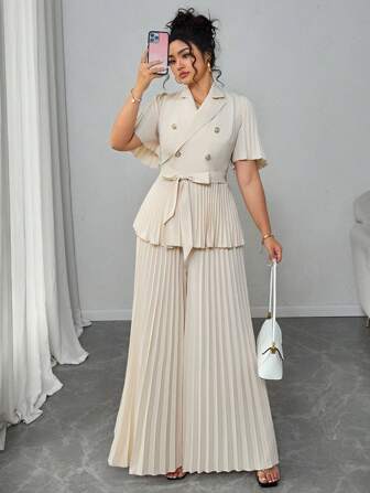 Elenzga 加大码女式法式优雅简约百褶夏季短袖宽松两件套