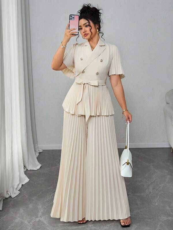 Elenzga Damen Große Größen französischer eleganter minimalistischer plissierter Sommer Kurzarm Loose Fit 2-teiliges Set