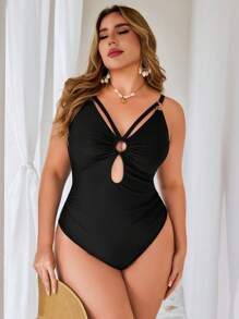 Swim Lushoire Maillot de bain une pièce sexy et élégant pour femmes grandes tailles, avec accent d'anneau doré en V, décolleté ajouré, bretelles ajustables, pour la plage et les stations balnéaires, en noir