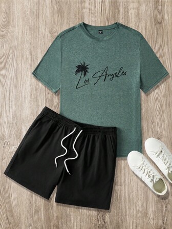 Manfinity RebelGame Plus Size Men Letter & Palm Tree Print T-Shirt And Shorts Set, Casual Outfit Suitable For Summer