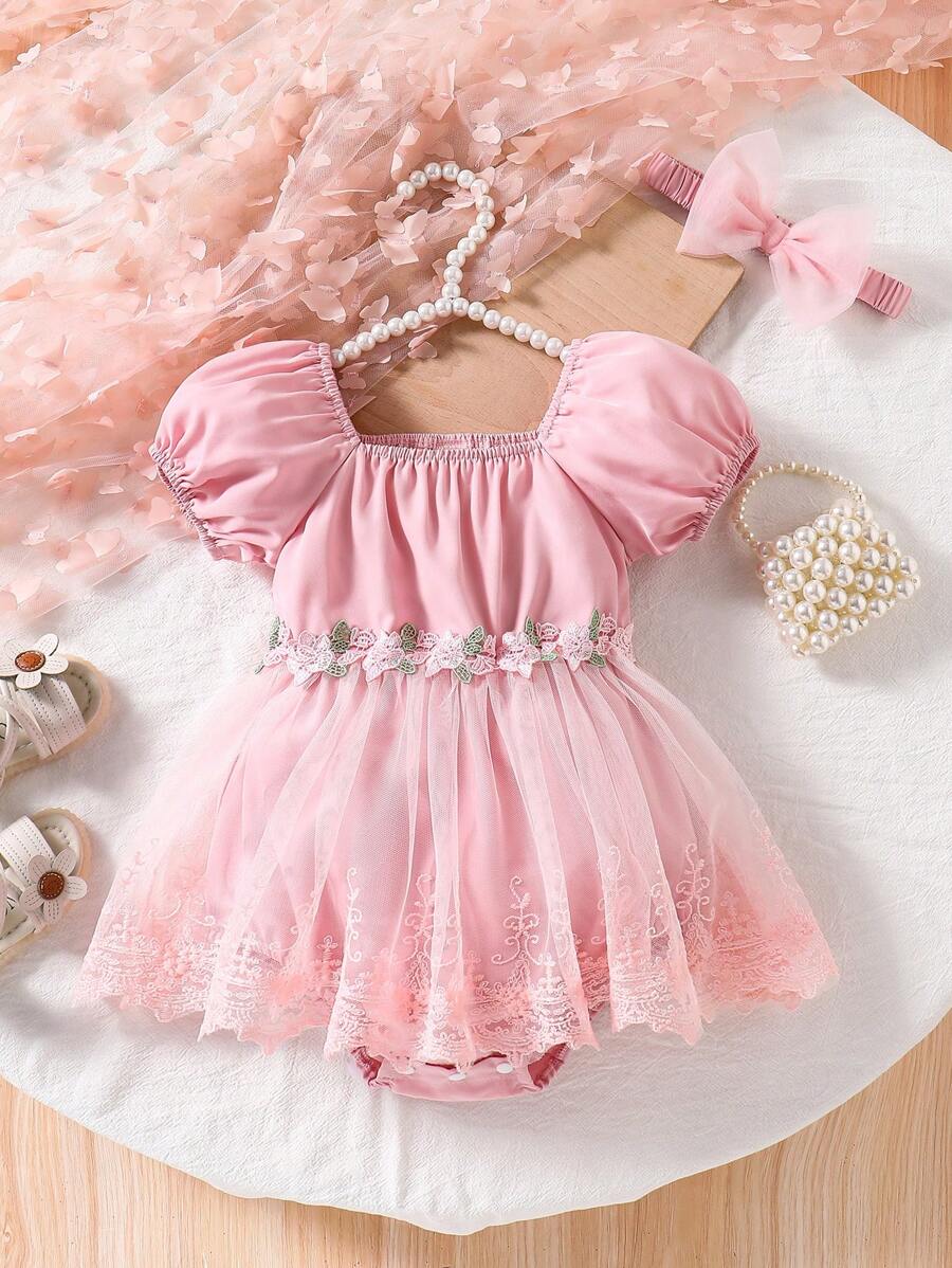2pcs/Set Baby Girl Elegant Floral Embroidery Lace Trim Bubble Sleeve Square Collar Pink Princess Dress With Bow Headband, Suitable For Birthday, Party, Vacation, Spring/Summer - Pink - View 1