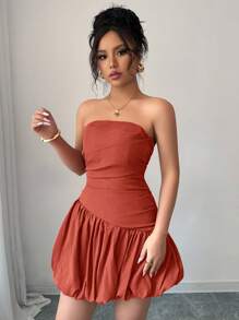 SHEIN Unity Women Ruched Asymmetrical Bubble Hem Tube Dress, Spring/Summer - Rust Brown - View 7