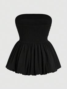 Sweetra Top entallado con volantes en el bajo, sin tirantes, para talla grande, para vacaciones de primavera y verano - Negro - Ver 2