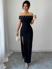Chiquease Women Off Shoulder Solid Color Dress, Simple & Fashionable, Suitable For Summer - Black - View 4