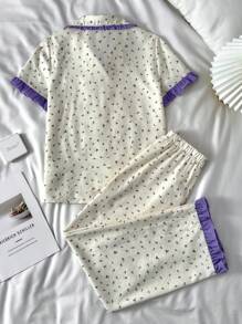 SHEIN Teens Girls Minimal Ditsy Floral Collar Button Short Sleeve Top & Color Block Ruffle Hem Long Pants 2 Pieces Pajama Set, Graduation Pajamas - Purple - View 2
