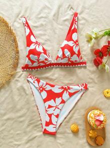 SHEIN Swim Springbreak Women's V-Neck Random Print Colorful Ruffle Design Top And Regular Triangle Bottoms 2 Pieces Swimsuit Set, Beach Vacation Outfits - Red and White - View 6