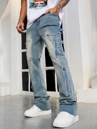 Street Life Men's Patch Embroidery Pocket Casual Versatile Denim Jeans