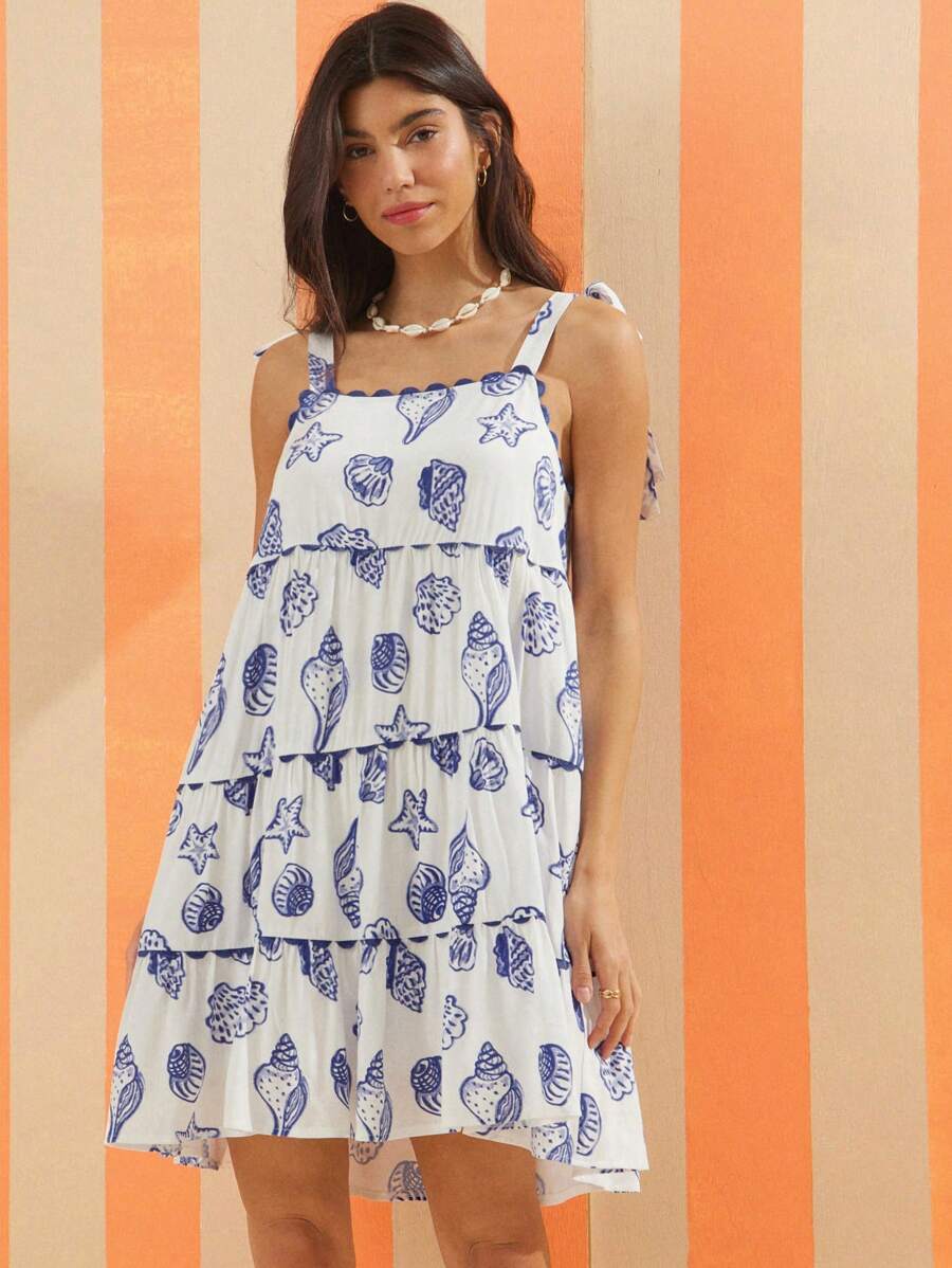 WESTFADE Summer Seashell Printed Square Neck Cute Bow Tie Strap A Line Mini Coastal Cowgirl Dress Spring Break Summer Beach Vacation Casual Cute Outfit - Blue - View 1