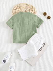 Cozy Pixies 2pcs Baby Boy Solid Color Stand Collar Short Sleeve Half-Zip Top With Decorative Stitching, Elastic Waist Pants, Summer Casual Set