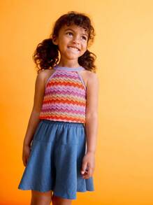 SHEIN Young Girls Beach Casual Color Block Striped Halter Top And Mini Skirt Set - Multicolor - View 4