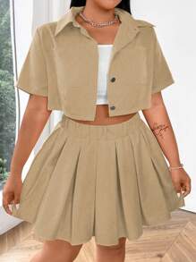 Flirla Plus Size 2 Pieces Set: Solid Color Short Sleeve Shirt Top And Mini Skirt - Khaki - View 3