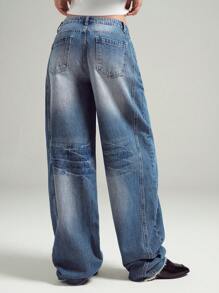 LYSMO Damen Weite Bein Loose Lässig Jeans mit Taschen - Blau - Übersicht 2