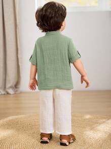 Cozy Pixies 2pcs Baby Boy Solid Color Stand Collar Short Sleeve Half-Zip Top With Decorative Stitching, Elastic Waist Pants, Summer Casual Set