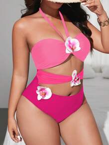 Swim Chiccia 加大码纯色简约连体泳衣，带 3D 蝴蝶兰花装饰，适合日常穿着、海滩和度假、夏季 - 彩色 - 查看 6