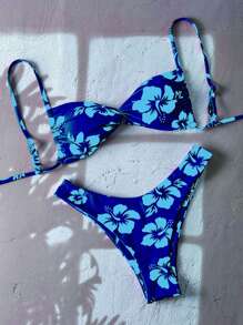 Swim Mod 女士夏季休闲花朵随机印花细肩带扭结前性感比基尼套装 - 彩色 - 查看 3