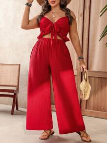 Breezaya 2 Pieces Women's Plus Size Vacation Style Bowknot Camisole & Pants Outfit
