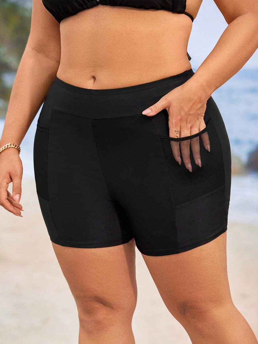 Swim Lushoire Plus Size Women Solid Color Single Mesh Side Semi-Transparent Cropped Casual Beach Holiday Bottoms