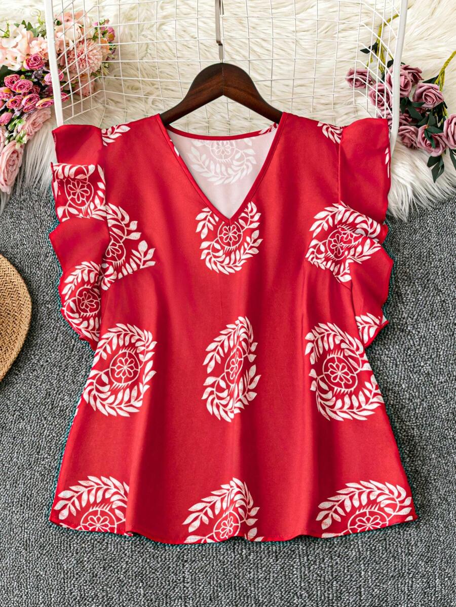 Chiquease Women V-Neck Simple Style Blouse, Suitable For Summer - Red - View 1