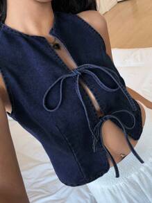 SHEIN ICON Women's Dark Wash Denim Crop Top, Sleeveless V-Neck Tie-Front Casual Top - Dark Wash - View 6