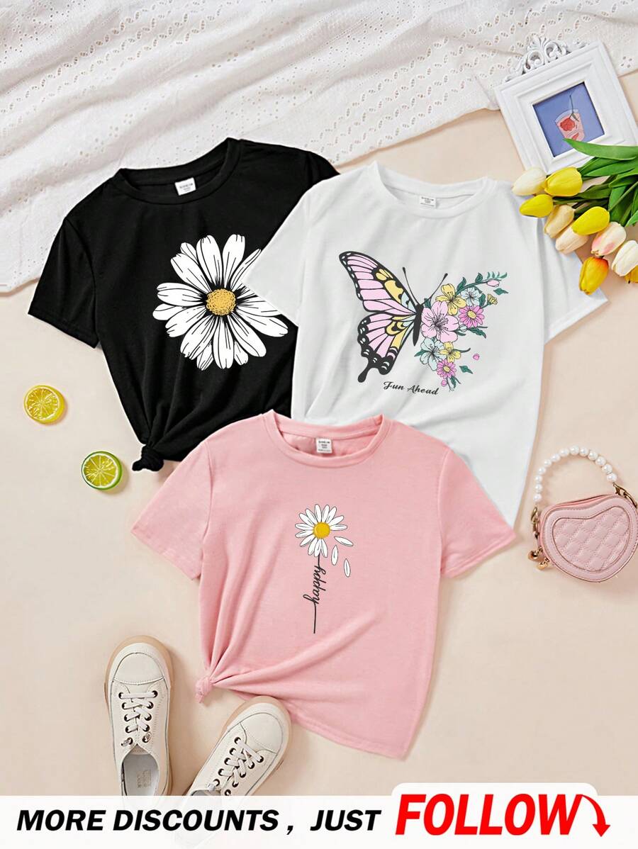 SHEIN 3入組情趣少女休閒簡約卡通花蝴蝶圖案T恤，適合夏季穿著 - 彩色 - 查看 1
