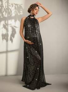 SHEIN Pregnant Women Elegant Sparkling Sheer Side Split Halter Dress, For Party & Maternity Photoshoot - Black - View 1