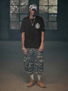 AXEPEAK 男士休闲字母印花短袖圆领T恤，夏季 - 黑色 - 查看 4