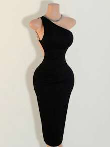 Mistrie 女士性感细肩带链条装饰露背长裙 - 黑色 - 查看 6