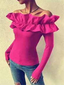 Chiquease 誇張荷葉邊一字肩T恤 - 玫紅色 - 查看 3