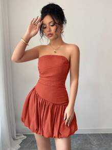 SHEIN Unity Women Ruched Asymmetrical Bubble Hem Tube Dress, Spring/Summer - Rust Brown - View 4