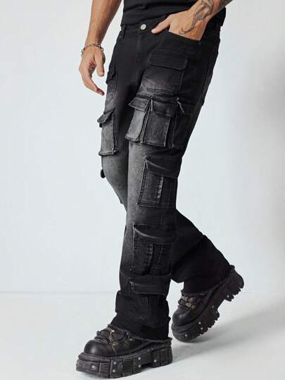 Street Life Men's Multi-Pocket Layered Flared Leg Jeans