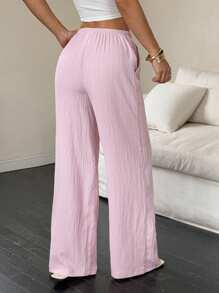Flirla Damen einfarbige Hosen mit Taillenbindung und Taschen, weites Bein