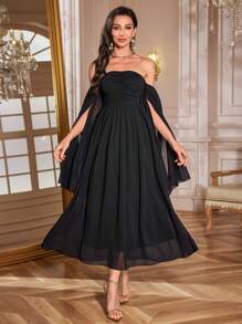 Modelyn Women's Solid Off Shoulder Long Sleeve Elegant Ruched Dress, Minimalist Design - Black - View 5