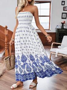 SHEIN LUNE 夏季波西米亚露肩沙滩长裙，适合度假和旅行 女士夏季服装 女士沙滩服装 波西米亚西部服装 女士太阳裙 波西米亚度假服装 波西米亚女装 乡村音乐会服装 女士音乐会服装 - 藍白色 - 查看 2