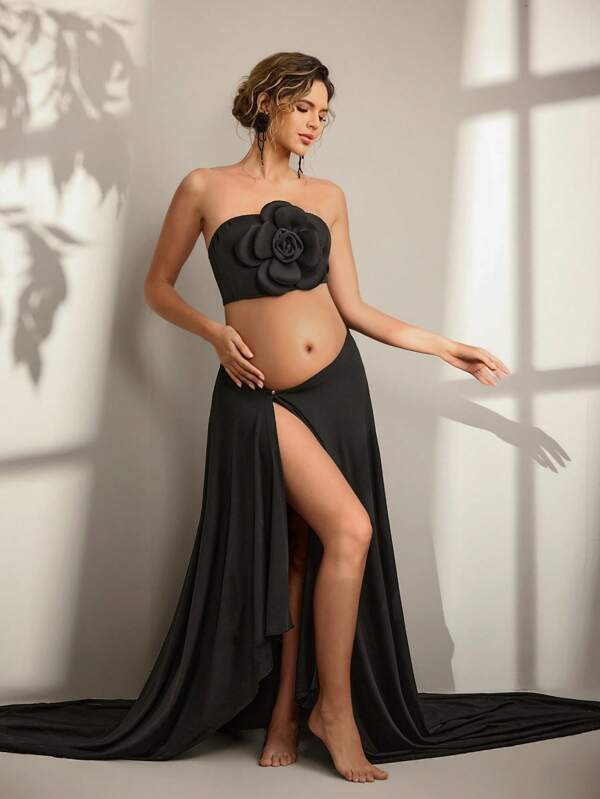 SHEIN Conjunto de top tubinho floral 3D grande e saia justa estilo sereia para ensaio fotográfico de maternidade