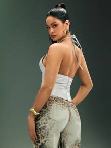 Denimoi 露背仿皮 O 形环吊带上衣 女生夜间外出约会夜夏季风格露背音乐会性感上衣 - 白色 - 查看 3