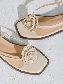 SHUZIA Najlepiej sprzedające się damskie sandały z kwadratowym noskiem i szydełkowanym kwiatowym wzorem, z wygodnym paskiem z tyłu i podeszwą środkową w kolorze cielistym - eleganckie, modne i wygodne - Beżowy - Zobacz 4