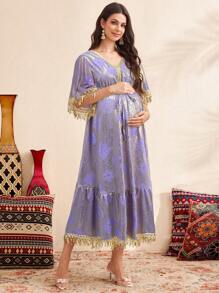 SHEIN Boho Maternity Maxi Dress: Mauve Purple Woven Fabric With Fringe Detail, Half Sleeves, And V Neck For A Flowy, Elegant Look - Mauve Purple - View 3