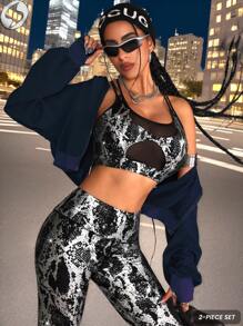 Innovista Snake Skin Pattern Mesh Sports Bra And Leggings 2 Pieces Set - Black - View 6