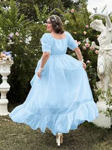 Flirla 大码方领欧根纱泡泡袖荷叶边下摆高开衩连衣裙，优雅甜美花园婚礼/新娘礼服，度假