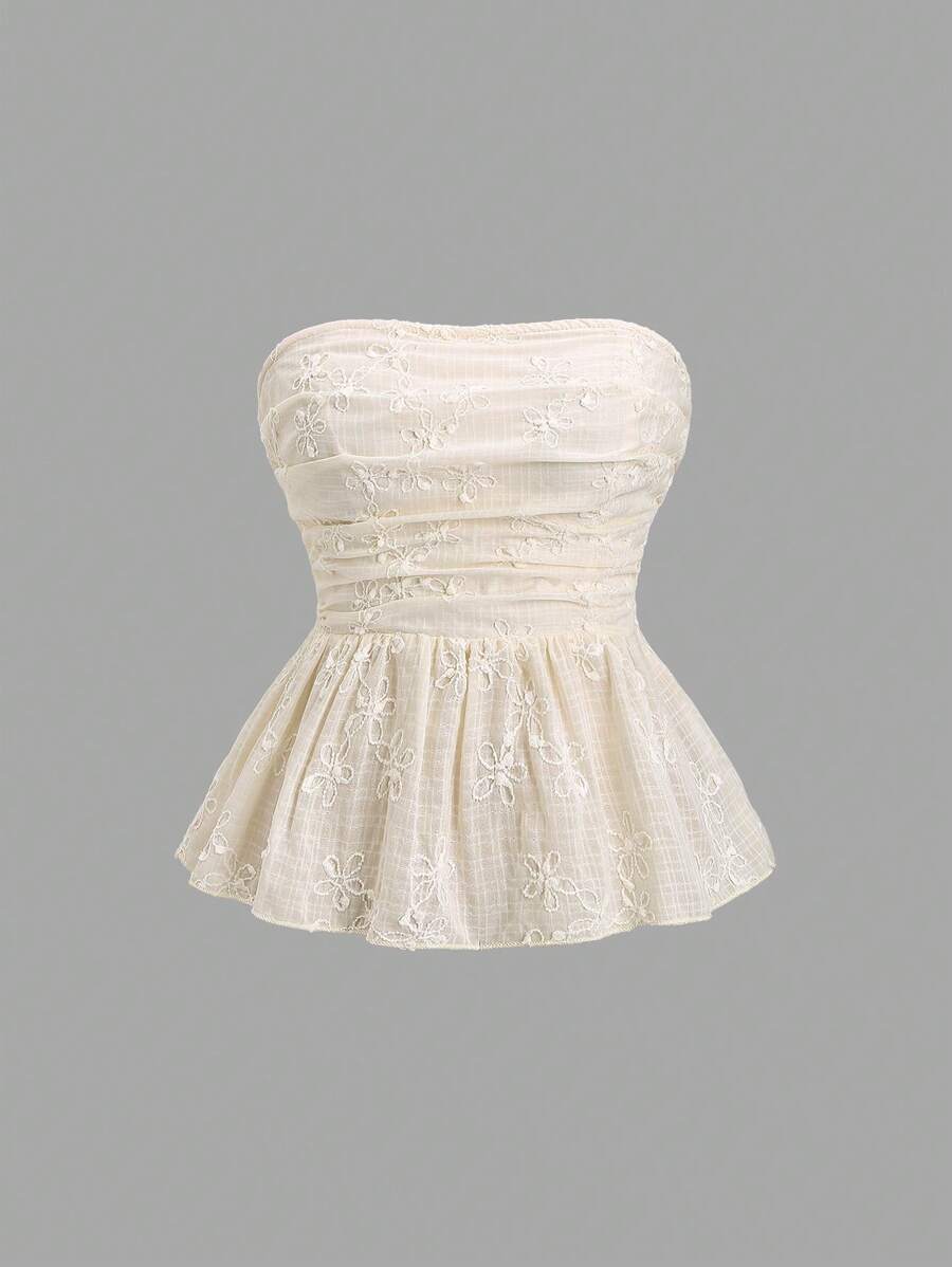 Sweetra 女士夏季刺绣褶皱筒娃娃装上衣 Y2K - 杏色 - 查看 1