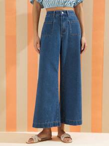 WESTFADE 中腰贴袋宽松阔腿七分长西部牛仔牛仔裤春假休闲海滩度假 - 淺色水洗藍 - 查看 5