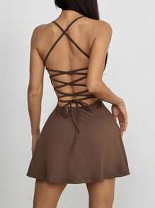 Flirla Coffee Brown Backless Cross Strap Ruched Ruched A-Line Mini Dress, Fashionable, Casual, Elegant, Sexy, Suitable For Parties, Dates, Everyday Wear, Spring/Summer - Coffee Brown - View 3