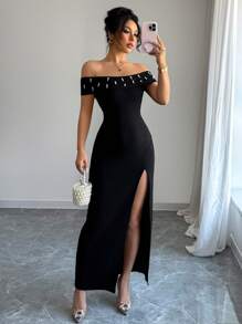Chiquease Women Off Shoulder Solid Color Dress, Simple & Fashionable, Suitable For Summer - Black - View 6