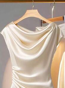 Franclia 女士纯色垂坠优雅修身衬衫，夏季 - 杏色 - 查看 5