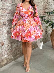 SHEIN Clasi Damen Kleid in Große Größen mit Blume Muster, V-Ausschnitt und 3/4 Ärmeln, geeignet für den Alltag und den Urlaub - Verschiedenfarbig - Übersicht 5