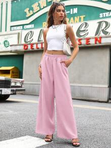 SHEIN Unity Women's Solid Color Minimalist Fashion Wide Leg Pants, Suitable For Summer - Baby Pink - View 4