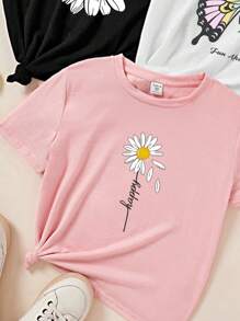 SHEIN 3入組情趣少女休閒簡約卡通花蝴蝶圖案T恤，適合夏季穿著 - 彩色 - 查看 4