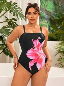 Swim Vcay Traje de baño monokiní de verano con estampado floral de lirio y tirantes desmontables para mujer de talla grande, ideal para vacaciones en la playa