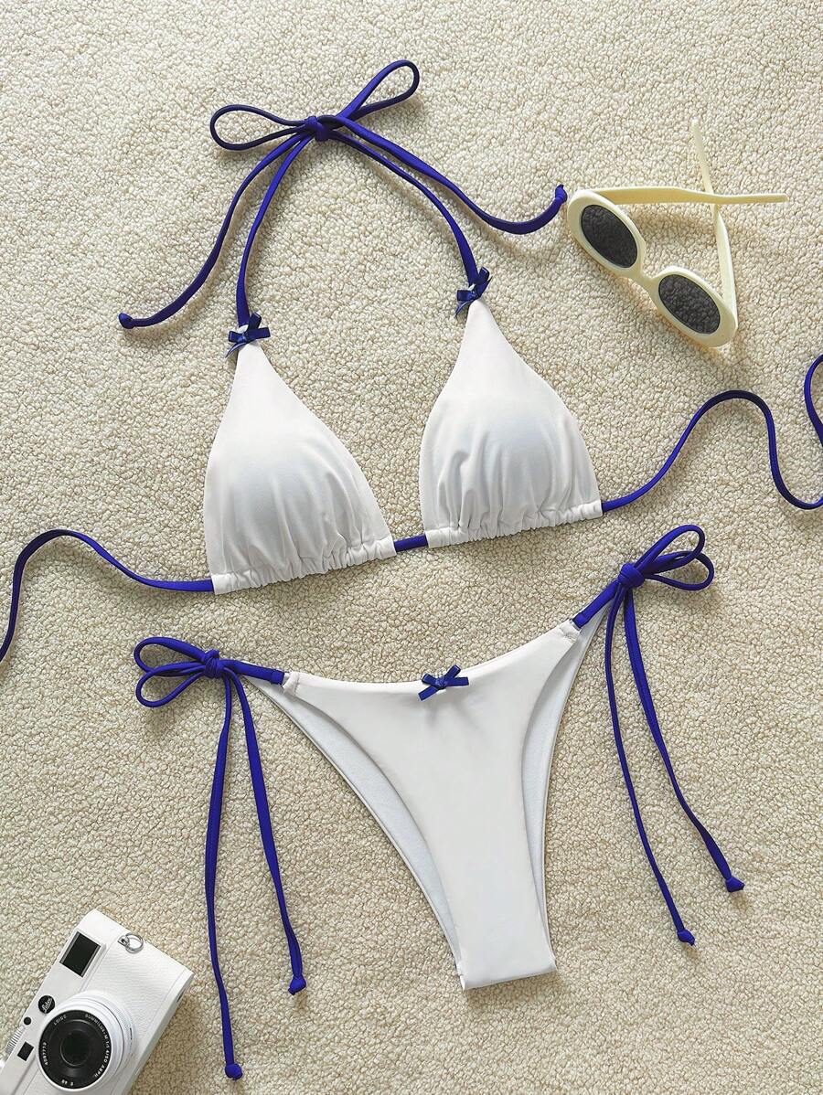 Swim Mod Springbreak 女士沙滩装夏季套装，多色蝴蝶装饰细肩带吊带背心和结饰侧系带三角比基尼套装 - 藍白色 - 查看 1