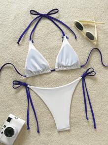 Swim Mod Springbreak 女士沙滩装夏季套装，多色蝴蝶装饰细肩带吊带背心和结饰侧系带三角比基尼套装 - 藍白色 - 查看 2